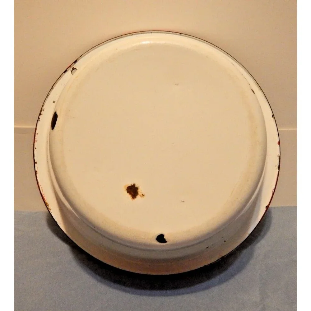 Vintage Enamelware 3 Pc Lot Chamber Pot Wash Basin Bowl White Red Trim Farmhouse